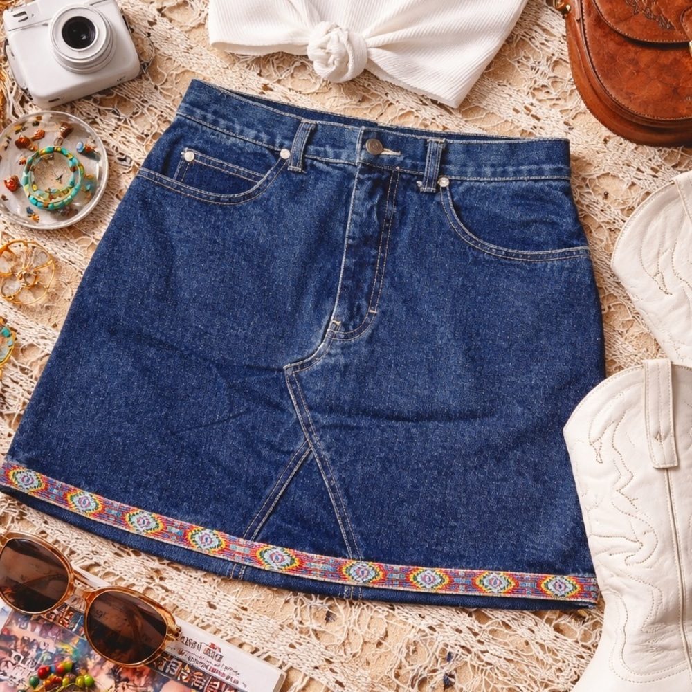 Y2K No Boundaries Denim Mini Skirt Southwestern Aztec Trim Boho Juniors 11